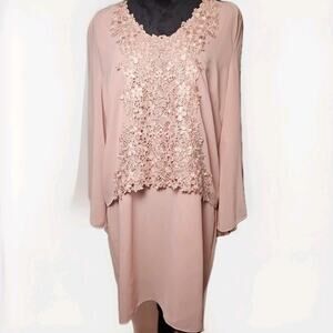 Ursula of Switzerland Pink Beaded Lace Chiffon Duster Dress 16P Coquette
